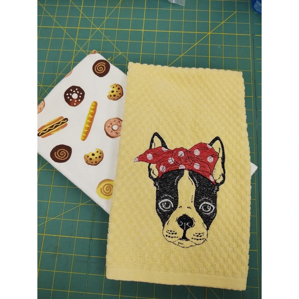 BOSTON TERRIER With Headband Kitchen Bath Hand Bar Towel Set of 2 Hostess Gift!